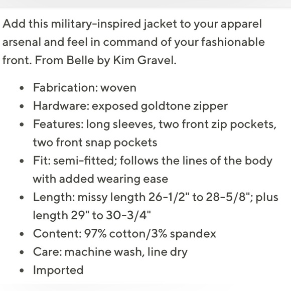 NWOT Belle by Kim Gravel Military Jacket - Picture 8 of 8